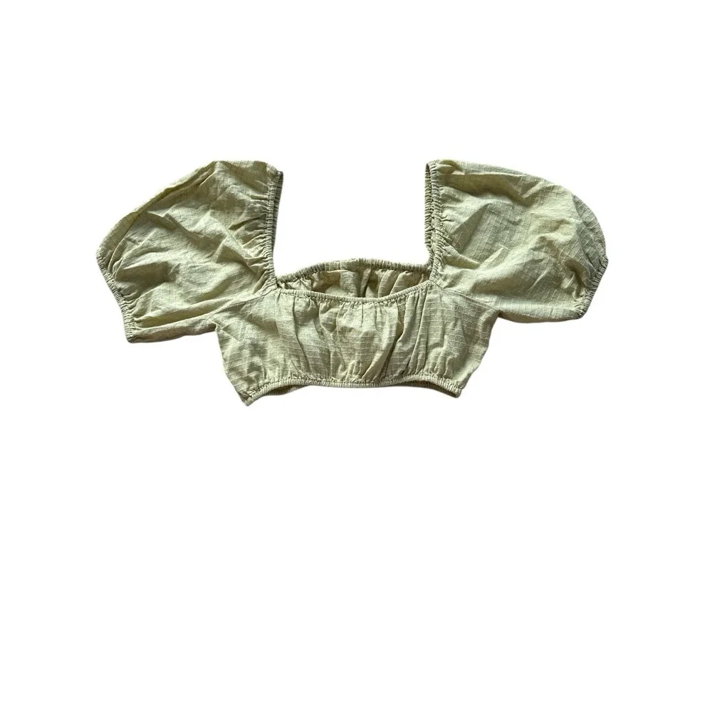 Madewell Cropped Top Sage Green Puff Sleeve Bubble Hem Peasant Blouse Size Large